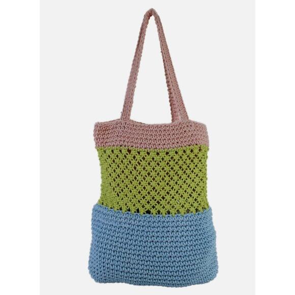 RARE Lele Sadoughi Pastel Colors Crochet Summer Vacation Tote Gold Logo - Picture 7 of 11